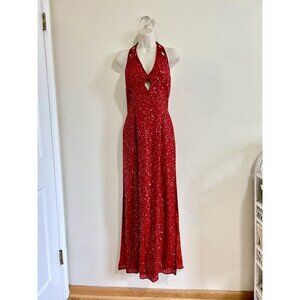Vintage Scala Women's Red Sequin Beaded 100% Silk Halter Formal Gown Size XL